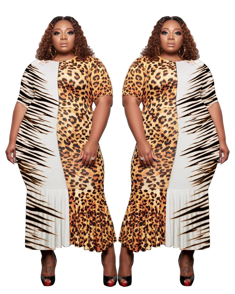 2021. gada pavasaris un vasara, jauna modes temperamenta liela izmēra leoparda šuvju seksīga ikdienas modes lielizmēra sieviešu kleita