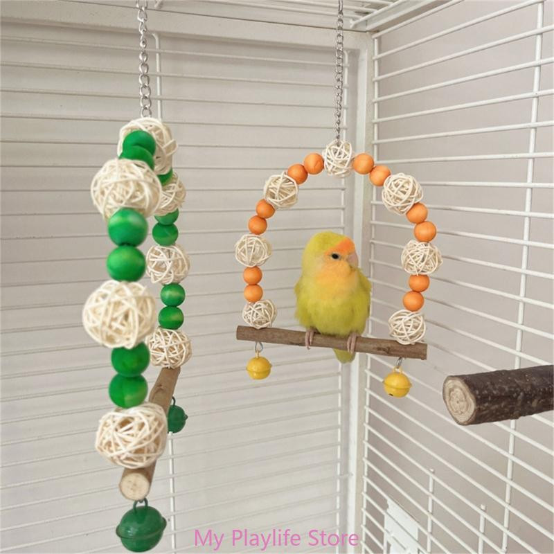 Parrots Station putnu rotaļlietu šūpoles tilts stāvošajiem treniņu piederumiem koka šūpuļtīkls ar krāsainām krellēm Rotaļlietu putnu būra piederumi