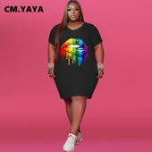 CM.YAYA Liela izmēra sieviešu apgleznošana ar apdruku ar V veida kakla izgriezumu, īsām piedurknēm slaida kleita, klasiska modes t-veida stila kleitas līdz ceļgalam