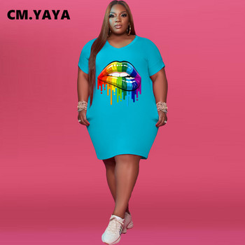 CM.YAYA Plus Size Γυναικεία Ζωγραφική Εκτύπωση V-λαιμόκοψη κοντό μανίκι λεπτό φόρεμα Κλασική μόδα σε στυλ μπλουζάκι μέχρι το γόνατο