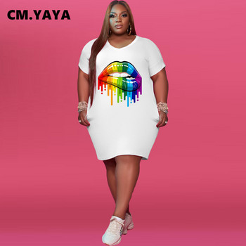 CM.YAYA Plus Size Γυναικεία Ζωγραφική Εκτύπωση V-λαιμόκοψη κοντό μανίκι λεπτό φόρεμα Κλασική μόδα σε στυλ μπλουζάκι μέχρι το γόνατο