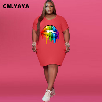 CM.YAYA Plus Size Γυναικεία Ζωγραφική Εκτύπωση V-λαιμόκοψη κοντό μανίκι λεπτό φόρεμα Κλασική μόδα σε στυλ μπλουζάκι μέχρι το γόνατο