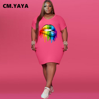 CM.YAYA Plus Size Γυναικεία Ζωγραφική Εκτύπωση V-λαιμόκοψη κοντό μανίκι λεπτό φόρεμα Κλασική μόδα σε στυλ μπλουζάκι μέχρι το γόνατο