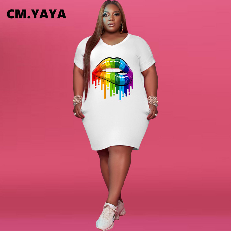 CM.YAYA Liela izmēra sieviešu apgleznošana ar apdruku ar V veida kakla izgriezumu, īsām piedurknēm slaida kleita, klasiska modes t-veida stila kleitas līdz ceļgalam