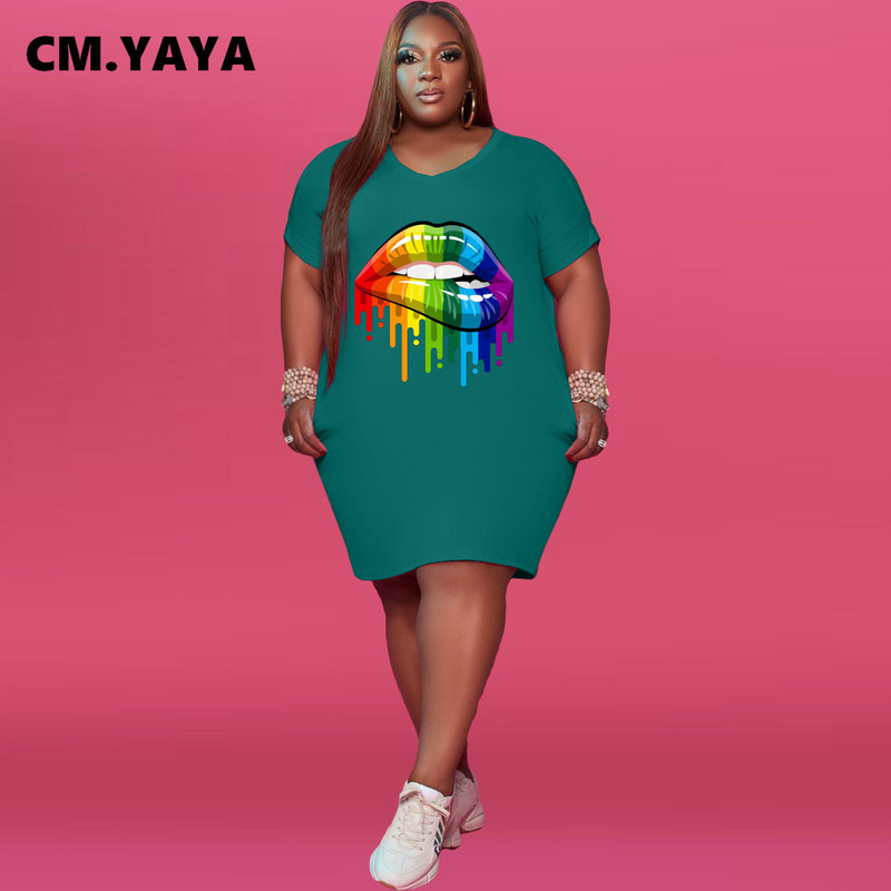 CM.YAYA Liela izmēra sieviešu apgleznošana ar apdruku ar V veida kakla izgriezumu, īsām piedurknēm slaida kleita, klasiska modes t-veida stila kleitas līdz ceļgalam