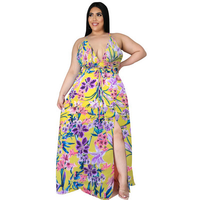 Liela izmēra sieviešu bohēmiska seksīga kleita ar dziļu apkakli piekarināma kakla josta, garas kleitas ar dakšu bez aizmugures 5xl Visa 3XL 4XL 5XL 6XL