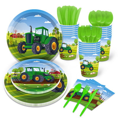 Rohelise traktori teema Ühekordsed lauanõud Pabertops taldrikud Salvrätikud Veoauto Ekskavaator Lapsed Poisid Peokaunistused Varud