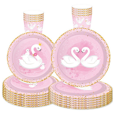 Fehér Xrown Swan eldobható étkészlet Rózsaszín tányérok Szalvéták Boldog születésnapi buli dekoráció Gyerek lány 1. Hattyú Baby Shower Favor