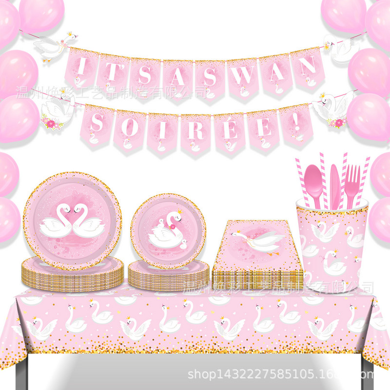 Balts Xrown Swan Vienreizlietojamie galda piederumi Rozā šķīvji Salvetes Daudz laimes dzimšanas dienā ballītes dekors Bērnu meitene 1. gulbja mazuļa duša