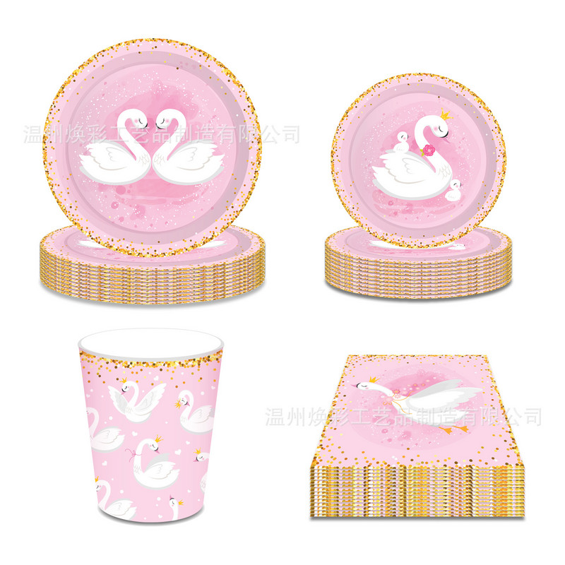Balts Xrown Swan Vienreizlietojamie galda piederumi Rozā šķīvji Salvetes Daudz laimes dzimšanas dienā ballītes dekors Bērnu meitene 1. gulbja mazuļa duša