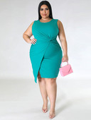 ZJFZML ZZ Liela izmēra sieviešu drapēta priekšpuse asimetriska apakšmala Bodycon kleitas Eleganta apaļa kakla kleita bez piedurknēm ar sadalītiem ceļiem