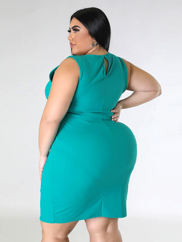 ZJFZML ZZ Liela izmēra sieviešu drapēta priekšpuse asimetriska apakšmala Bodycon kleitas Eleganta apaļa kakla kleita bez piedurknēm ar sadalītiem ceļiem