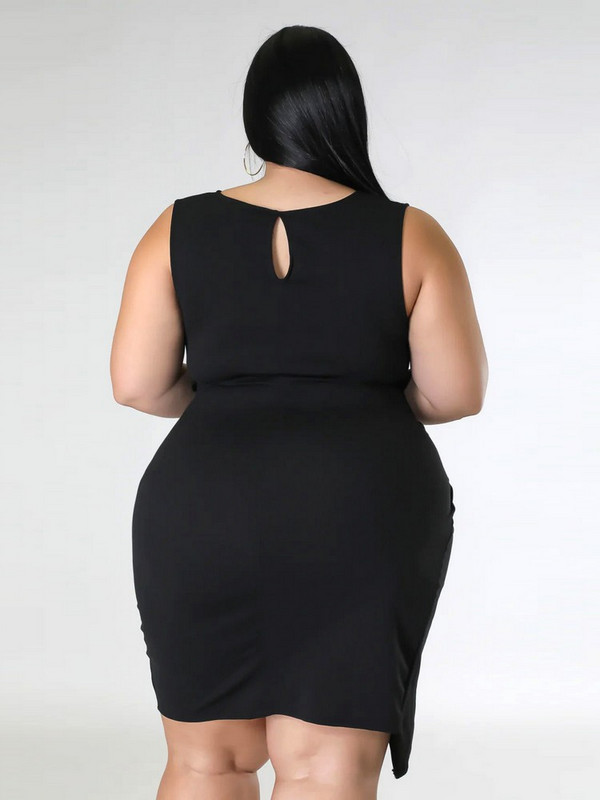 ZJFZML ZZ Liela izmēra sieviešu drapēta priekšpuse asimetriska apakšmala Bodycon kleitas Eleganta apaļa kakla kleita bez piedurknēm ar sadalītiem ceļiem