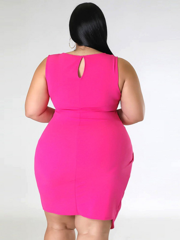 ZJFZML ZZ Liela izmēra sieviešu drapēta priekšpuse asimetriska apakšmala Bodycon kleitas Eleganta apaļa kakla kleita bez piedurknēm ar sadalītiem ceļiem