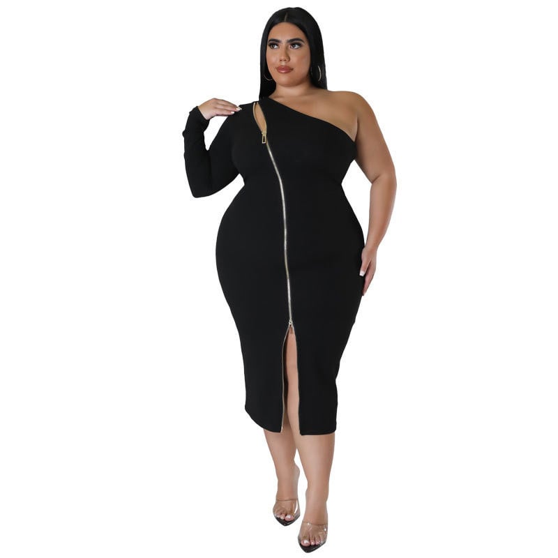 Rochie pentru femei de dimensiuni plus mari, sexy, cu fermoar, cu despicare laterală, pe un umăr, mâneci lungi, rochie la modă, bodycon, la mijlocul gambei 3xl 4xl 5xl 6xl