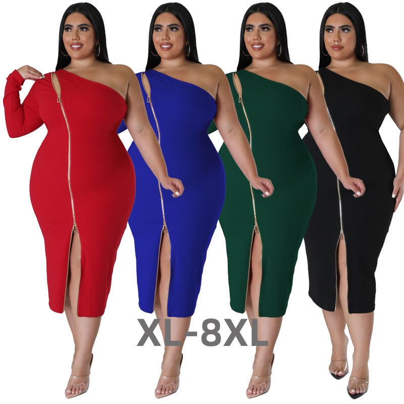 Rochie pentru femei de dimensiuni plus mari, sexy, cu fermoar, cu despicare laterală, pe un umăr, mâneci lungi, rochie la modă, bodycon, la mijlocul gambei 3xl 4xl 5xl 6xl