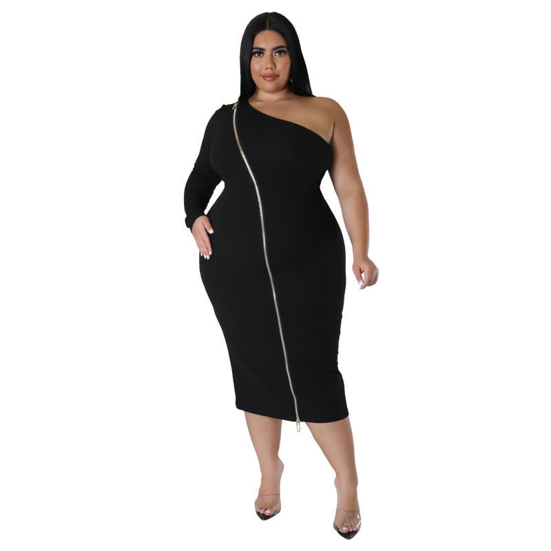 Rochie pentru femei de dimensiuni plus mari, sexy, cu fermoar, cu despicare laterală, pe un umăr, mâneci lungi, rochie la modă, bodycon, la mijlocul gambei 3xl 4xl 5xl 6xl