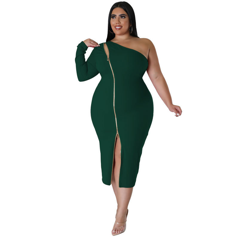 Rochie pentru femei de dimensiuni plus mari, sexy, cu fermoar, cu despicare laterală, pe un umăr, mâneci lungi, rochie la modă, bodycon, la mijlocul gambei 3xl 4xl 5xl 6xl