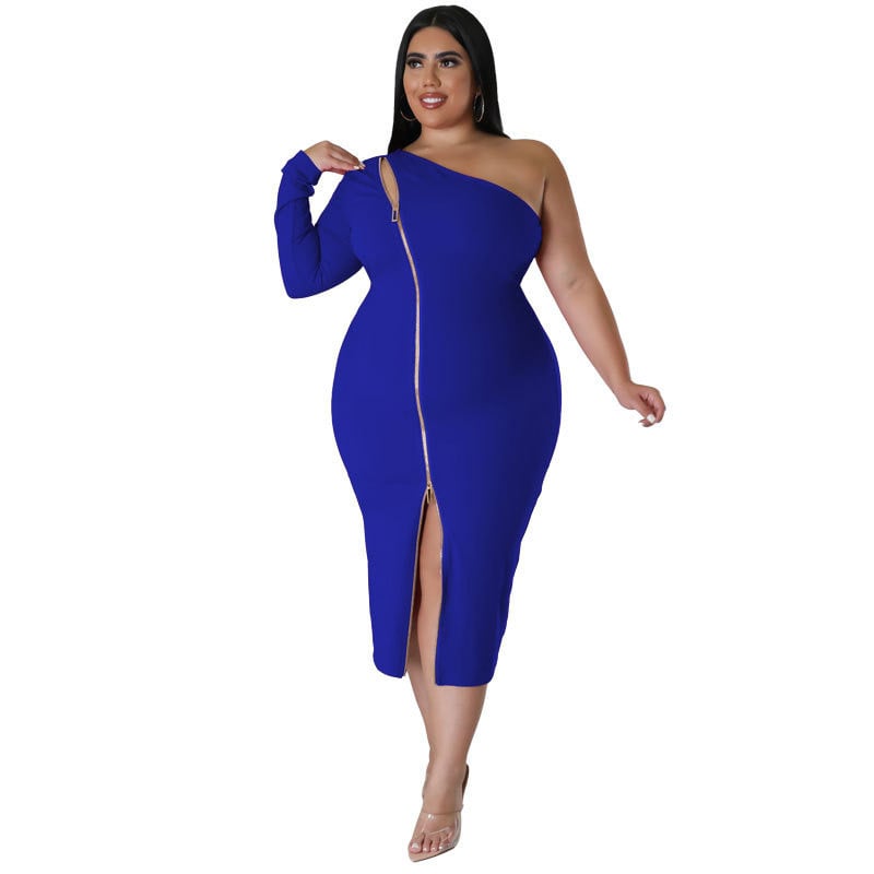 Rochie pentru femei de dimensiuni plus mari, sexy, cu fermoar, cu despicare laterală, pe un umăr, mâneci lungi, rochie la modă, bodycon, la mijlocul gambei 3xl 4xl 5xl 6xl