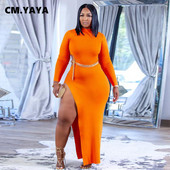 CM.YAYA Plus Size Γυναικεία με ψηλό πλάι σκίσιμο με ανοιχτή πλάτη με μακρυμάνικο σώμα μίντι μάξι φόρεμα σέξι κλαμπ Skinny pencil φορέματα