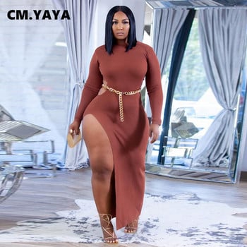 CM.YAYA Plus Size Γυναικεία με ψηλό πλάι σκίσιμο με ανοιχτή πλάτη με μακρυμάνικο σώμα μίντι μάξι φόρεμα σέξι κλαμπ Skinny pencil φορέματα