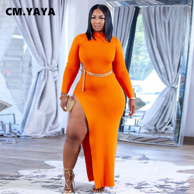 CM.YAYA plius dydis, moteriškas, iškirptas iš aukšto šono, atvira nugara ilgomis rankovėmis Bodycon Midi Maxi suknelė Sexy Club Skinny Pieštuko suknelės