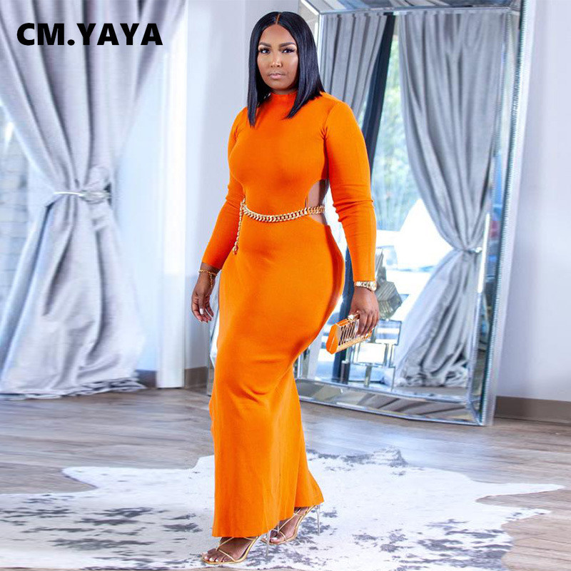 CM.YAYA Liela izmēra sieviešu, kas izgrieztas ar augstu sānu izgriezumu, atvērta mugura ar garām piedurknēm Bodycon Midi Maxi kleita Sexy Club šauras zīmuļkleitas