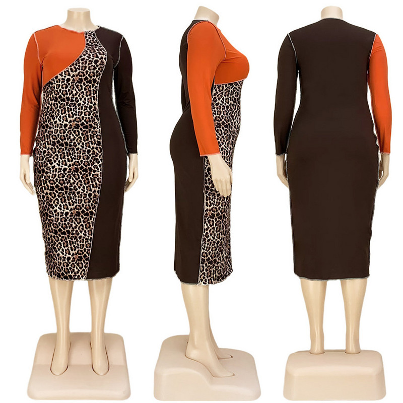 Liela izmēra jaunas sieviešu kleitas Eleganta Leopard Patchwork Bodycon Stretch Maxi Dress Party Vintage 2023 Wholesa 3xl 4xl 5xl 6xl