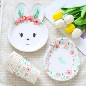 Karikatūra Truša dzimšanas dienas vienreizlietojamie trauki Lieldienu zaķa formas papīra šķīvji Meitenes daudz laimes dzimšanas dienā ballīšu piederumi bērnu duša