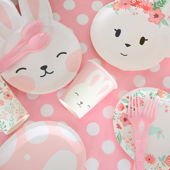 Карикатура на заек за рожден ден, еднократна употреба, великденски заек, хартиени чинии с форма на момичета, консумативи за честит рожден ден, бебешки празник