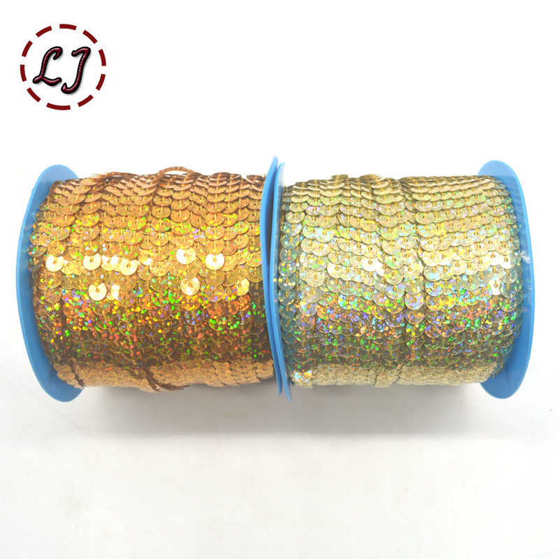 Jauni 10 jardi 6 mm PET apaļi plakani lāzera zeltīti pailletes vizuļi amatniecībai, šūšana uz auduma piederums, flitera apdare, albums, DIY