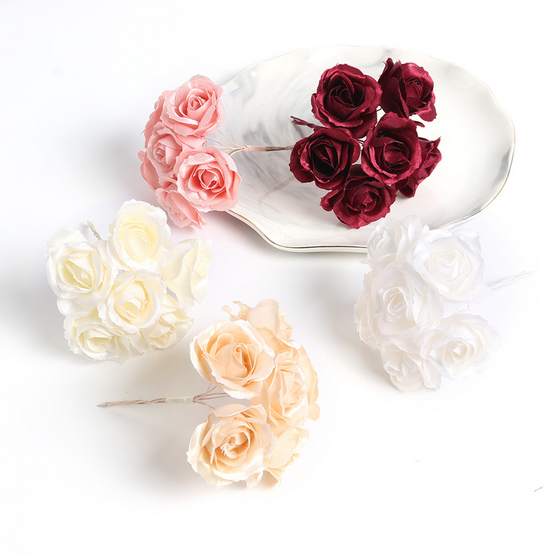 6 vnt. šilkinių rožių dirbtinių gėlių puokštė, vestuvių vakarėlio dekoracija „pasidaryk pats“ rankų darbo vainikas, dovana „Scrapbooking“ amatai, netikros gėlės