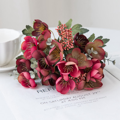 Művirág Selyem kamélia eukaliptusz levelek menyasszonyi csokor esküvői lakberendezési kiegészítő beltéri kültéri művirág