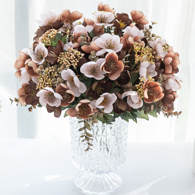 Művirág Selyem kamélia eukaliptusz levelek menyasszonyi csokor esküvői lakberendezési kiegészítő beltéri kültéri művirág