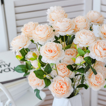 Бели копринени изкуствени цветя от божур Сватбена декорация на дома Висококачествен букет с 3 глави Луксозна фалшива цветна аранжировка Масово