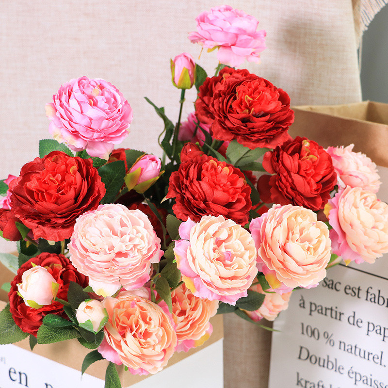 Balta zīda mākslīgo peoniju ziedi kāzu mājas dekorēšana augstas kvalitātes 3 galviņu pušķis grezns viltotu ziedu kompozīcijas lielapjoma