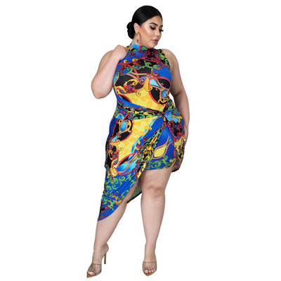 Liela izmēra 4xl sieviešu liela kleita 2022. gada vasarā, saņem vidukļa apaļo apkakli Vintage neregulāru svārku apdruka Visa 3xl 4xl 5xl 6xl