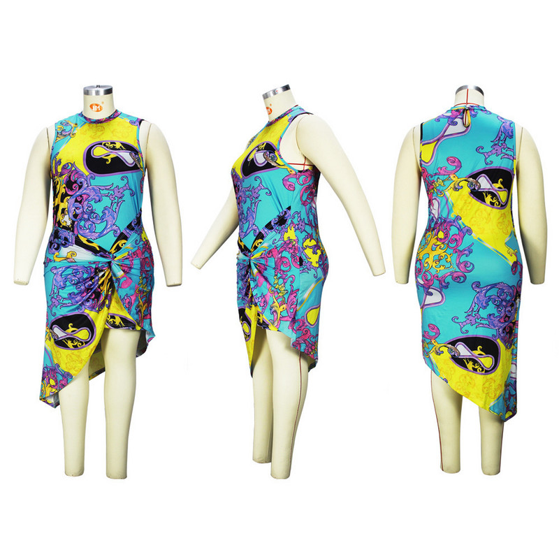 Liela izmēra 4xl sieviešu liela kleita 2022. gada vasarā, saņem vidukļa apaļo apkakli Vintage neregulāru svārku apdruka Visa 3xl 4xl 5xl 6xl