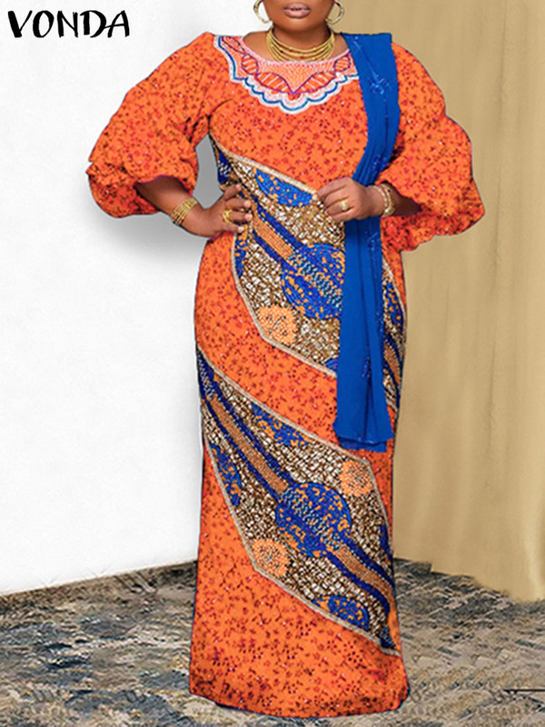 Liela izmēra 5XL VONDA 2023 sieviešu kleita vasaras bohēmiski apdrukāta Maxi sundress vintage laterna piedurknēm gadījuma brīvs brīvdienu halāts