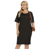 2021. gada jauns sieviešu lielizmēra kleita vienkrāsaina melna ar īsām piedurknēm, liela izmēra, liela izmēra, o veida kakla izgriezumu, apģērbi, ikdienas apģērbi sieviešu kostīmiem