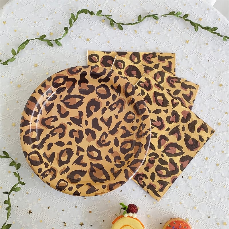 Savvaļas dzīvnieku raksts Vienreizlietojamie šķīvji Džungļu safari Dzīvnieku apdrukas salvetes Žirafes Zebra Tīģera Leoparda 1. dzimšanas dienas ballītes dekori