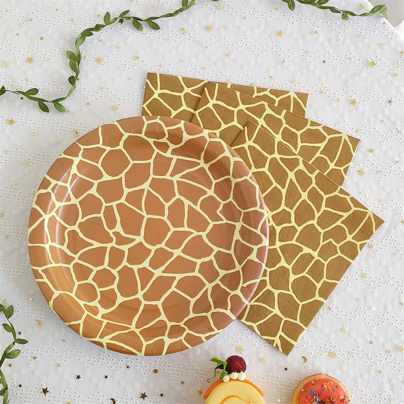 Savvaļas dzīvnieku raksts Vienreizlietojamie šķīvji Džungļu safari Dzīvnieku apdrukas salvetes Žirafes Zebra Tīģera Leoparda 1. dzimšanas dienas ballītes dekori