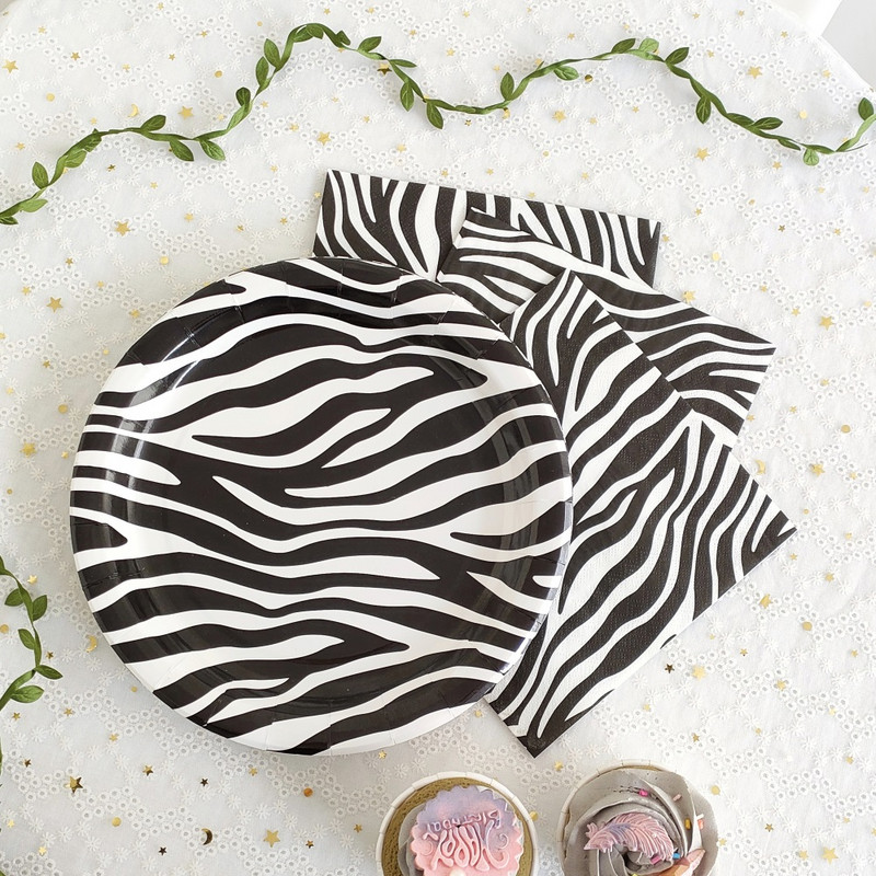 Savvaļas dzīvnieku raksts Vienreizlietojamie šķīvji Džungļu safari Dzīvnieku apdrukas salvetes Žirafes Zebra Tīģera Leoparda 1. dzimšanas dienas ballītes dekori