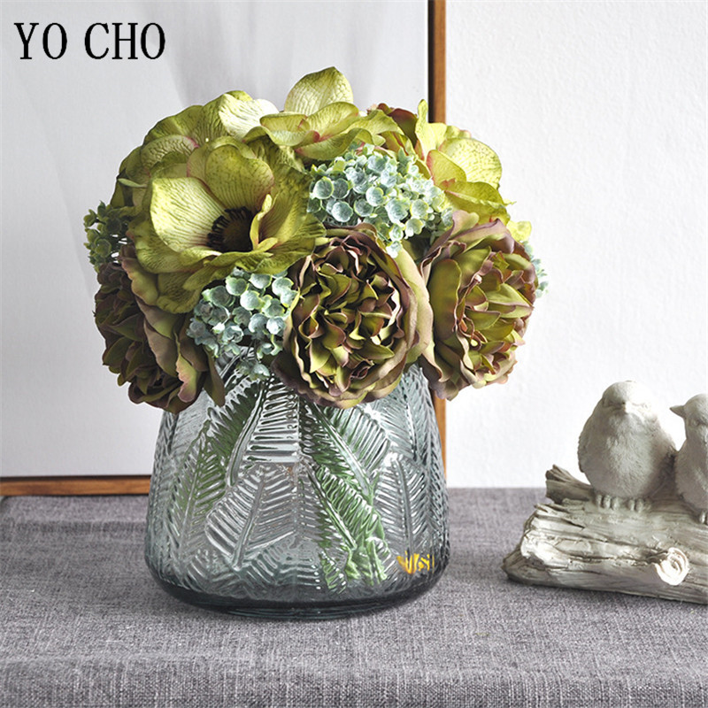 Peoniju pušķis Anemone mākslīgie ziedi kāzu līgavas pušķis viltus zīda Flores albums Kāzu mājas DIY viltus zieds