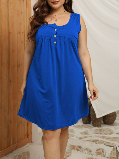 Liela izmēra sieviešu kleita 2023. gada vasaras pogām O kakla, masīva ikdienas kleita bez piedurknēm. Brīva, liela, īsa minikleita apaļīgām sievietēm