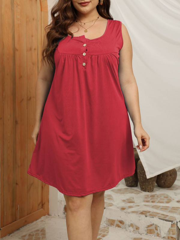 Liela izmēra sieviešu kleita 2023. gada vasaras pogām O kakla, masīva ikdienas kleita bez piedurknēm. Brīva, liela, īsa minikleita apaļīgām sievietēm