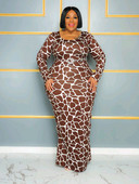 ZJFZML ZZ Liela izmēra sieviešu apģērbs Melns, balts govs apdruka, kakls ar garām piedurknēm ar augstu vidukli līdz grīdai, liela izmēra maksi kleita