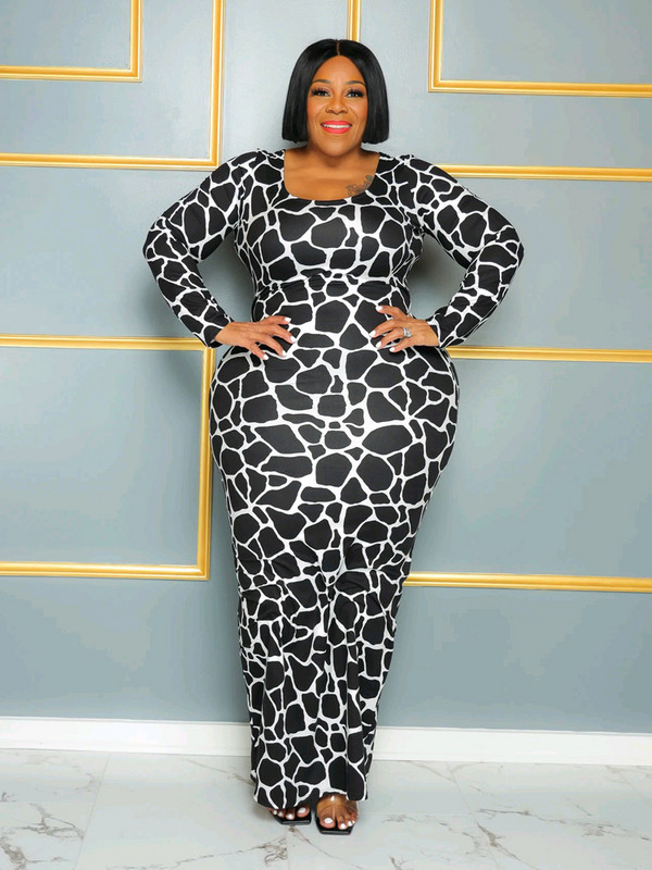 ZJFZML ZZ Liela izmēra sieviešu apģērbs Melns, balts govs apdruka, kakls ar garām piedurknēm ar augstu vidukli līdz grīdai, liela izmēra maksi kleita