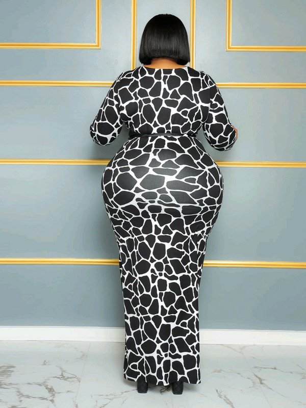 ZJFZML ZZ Liela izmēra sieviešu apģērbs Melns, balts govs apdruka, kakls ar garām piedurknēm ar augstu vidukli līdz grīdai, liela izmēra maksi kleita