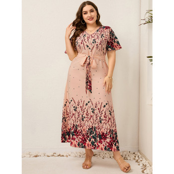 Plus Size 2023 Fashion Summer 3xl 4xl 5xl v Μακριά φορέματα με λαιμό Κομψό φλοράλ φόρεμα Boho Streetwear Φόρεμα για 3xl 4xl 5xl 6xl